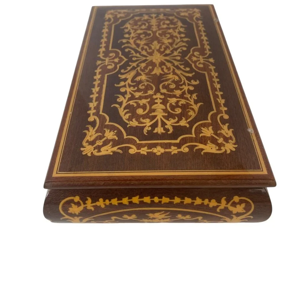 Vintage Wooden Inlaid Music Jewelry Box Ornate‎ Floral Design Red Velvet MCM